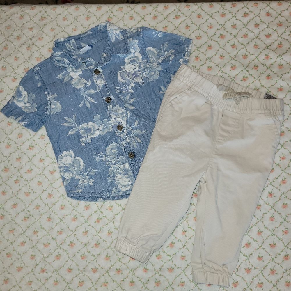 Old Navy Size 6-12 M Blue Floral Button Up Shirt With Khaki Outfit